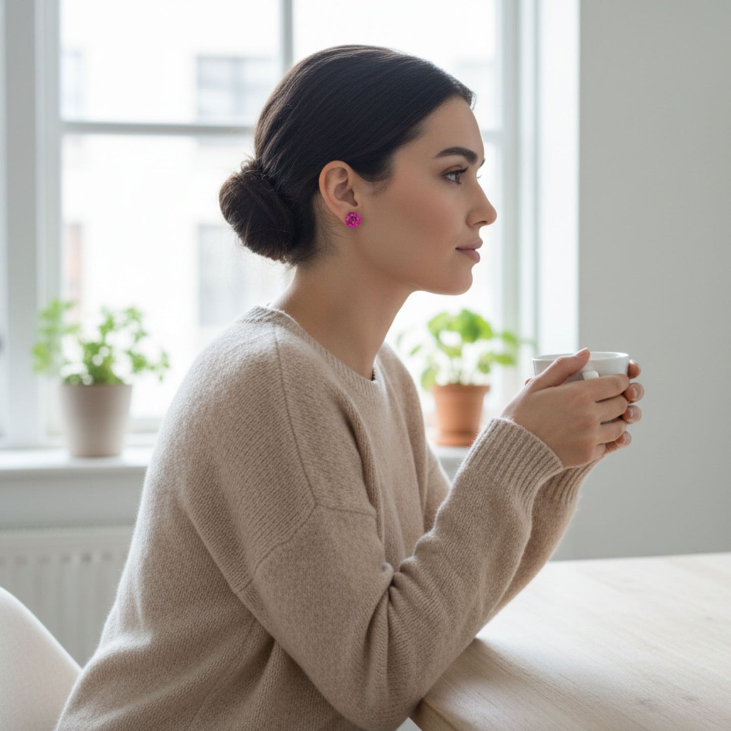 Boucles d'Oreilles Puces Rondes 1cm en Résine Rose Fuchsia Pailletée