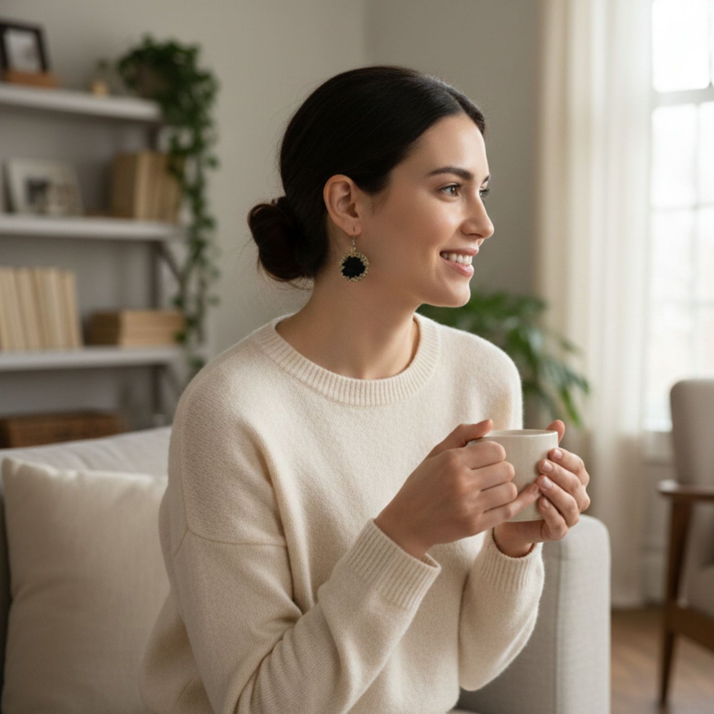 Boucles d'Oreilles Pendantes Résine Noire & Cristaux Argentés