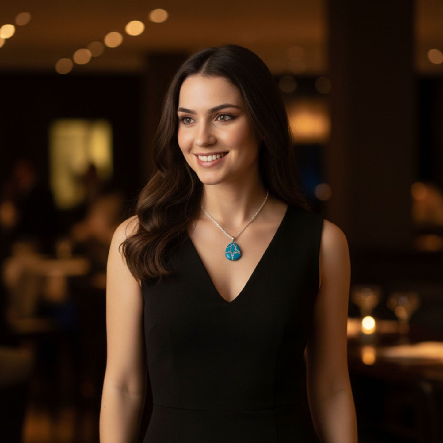 Pendentif Résine Ovale Bleu Océan et Veines Argentées