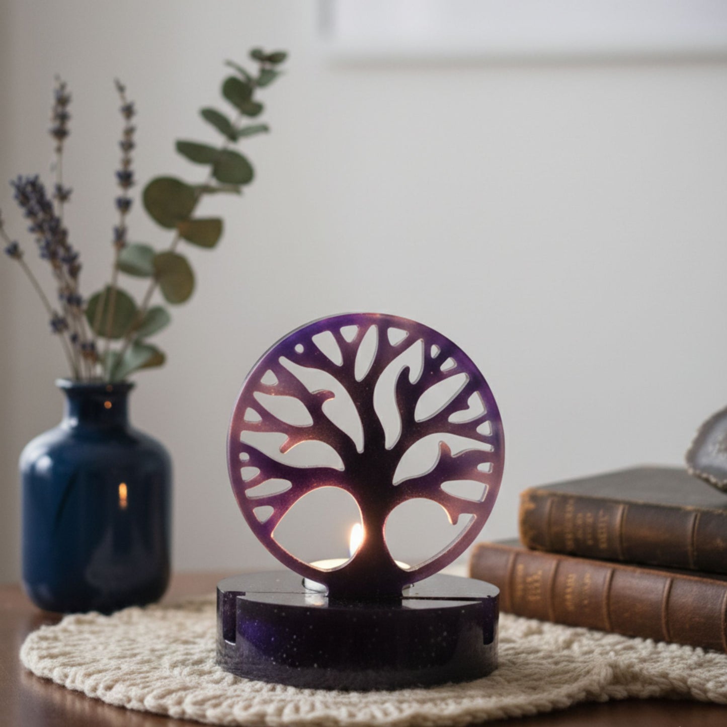 Photophore Arbre de Vie en Résine - Violet Profond & Paillettes Galaxie