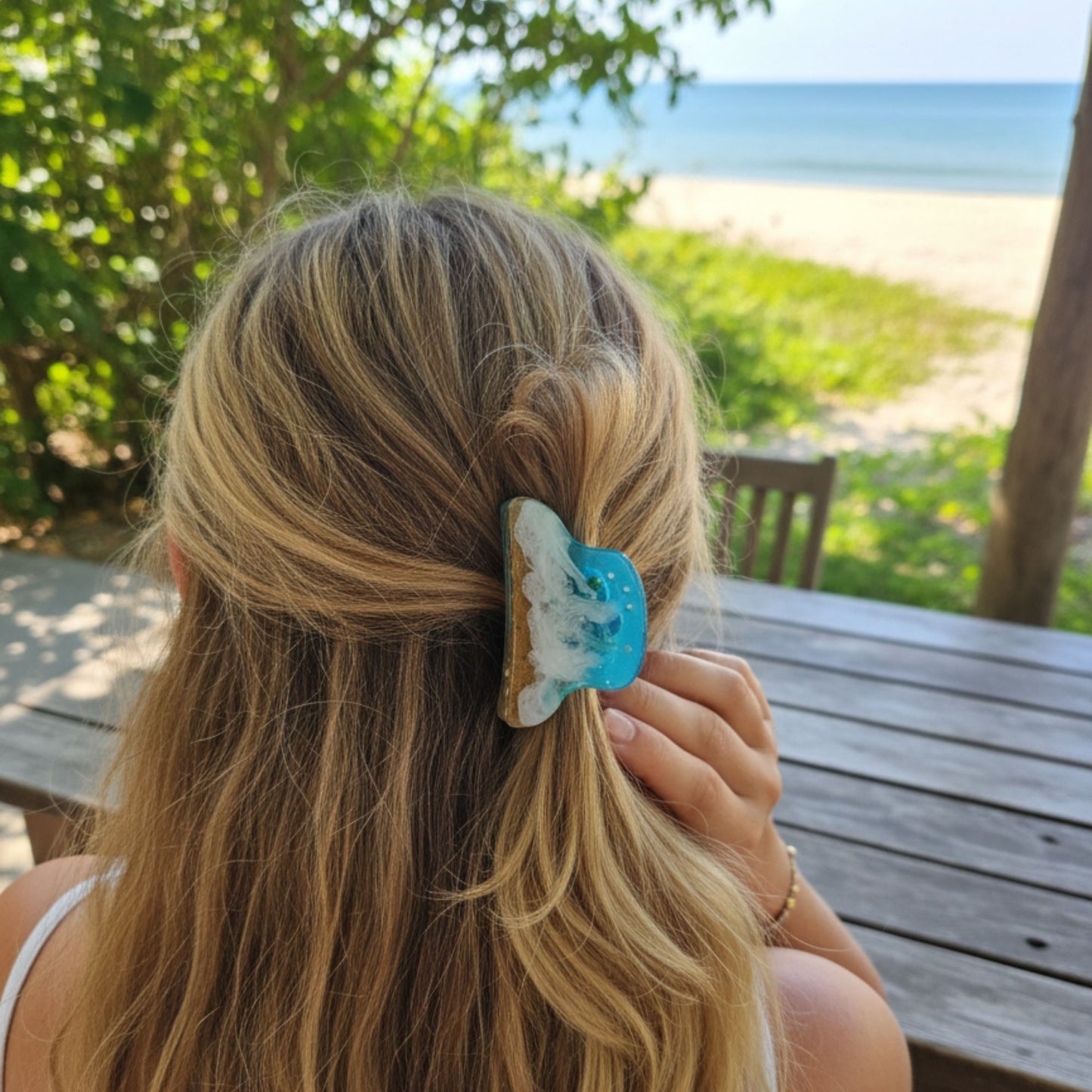 Grande Pince à Cheveux Crabe Vague Océan en Résine - Effet Plage 3D - Création Artisanale