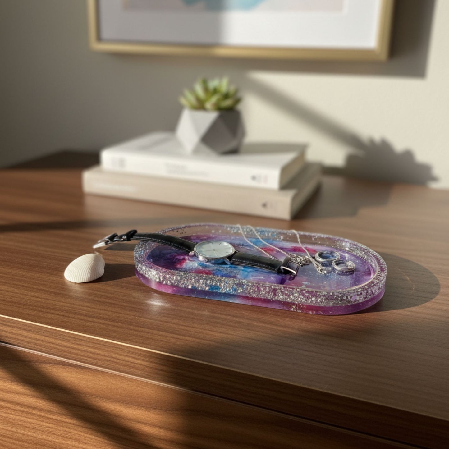 Plateau Vide-Poche Ovale Galaxie en Résine - Violet Bleu Rose Pailleté