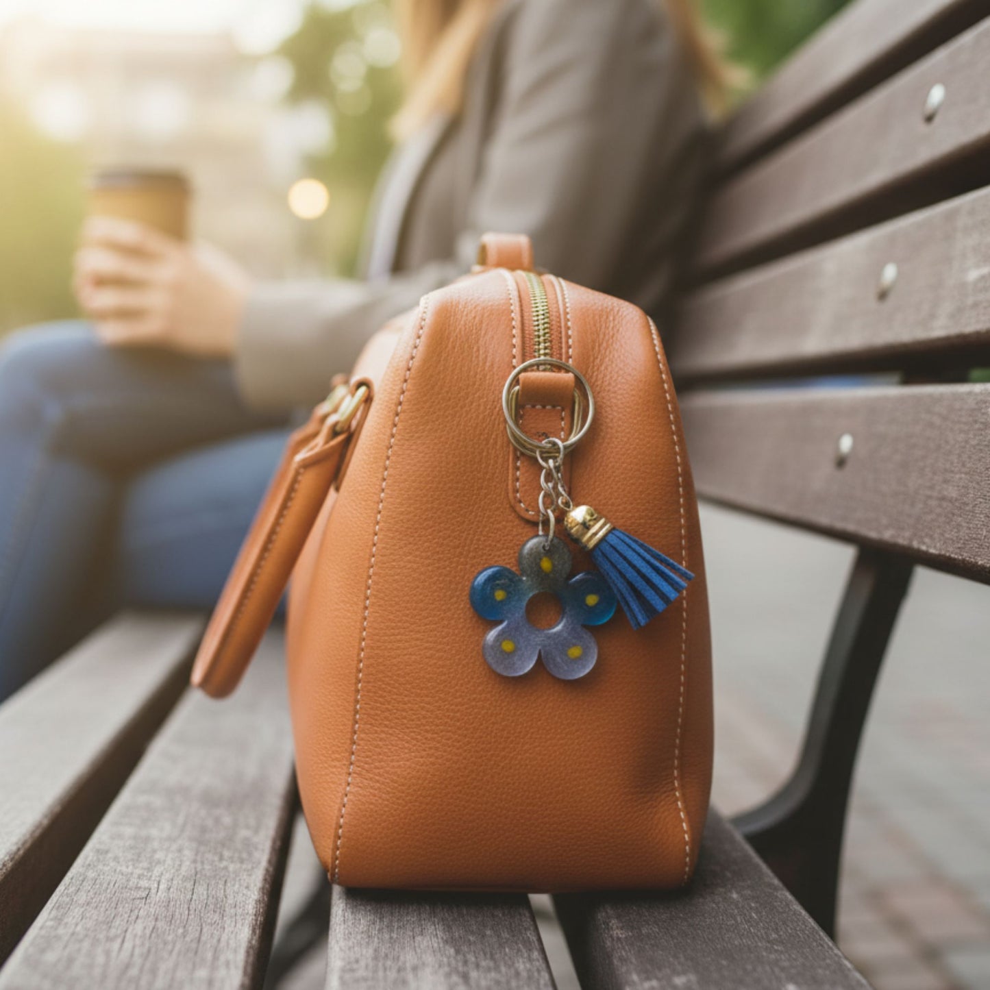 Porte-Clé Fleur Céleste en Résine Bleue et Grise - Pompom Suédine