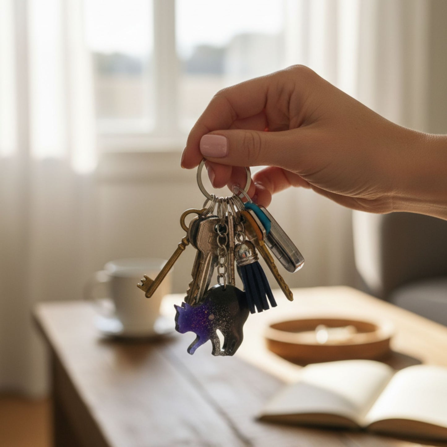 Porte-Clé Chat Noir Pailleté Galaxie Résine - Fait Main Français