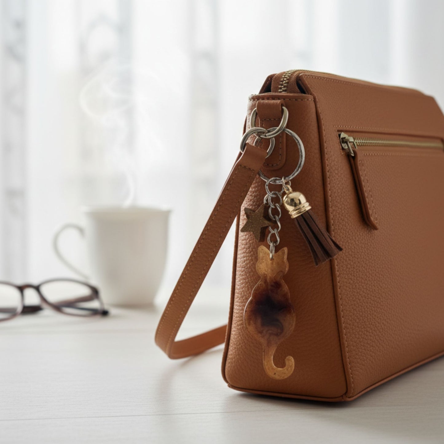 Porte-clés Chat Marbré Caramel - Résine Artisanale Fait Main