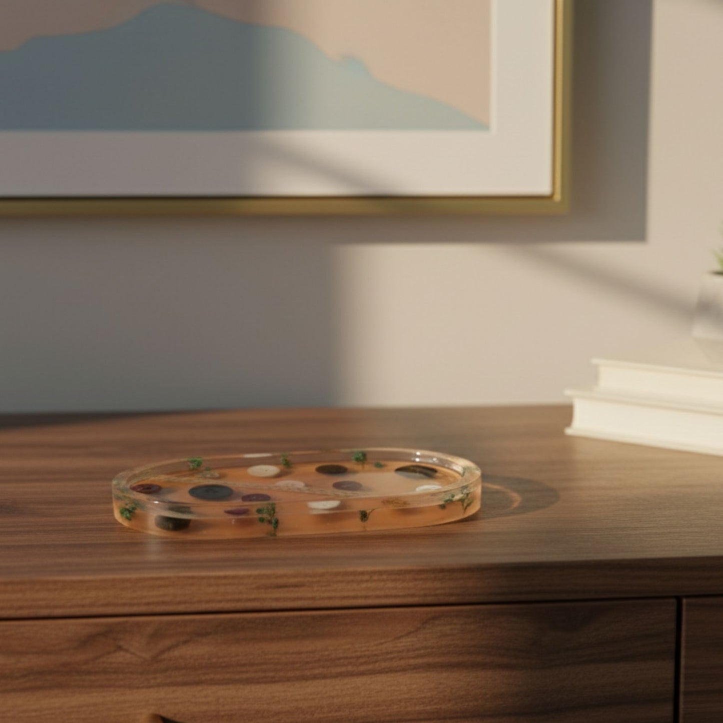 Vide-poche résine couture boutons vintage orange fleurs - Plateau ovale 18cm créatif - Accessoire artisanal unique fait main