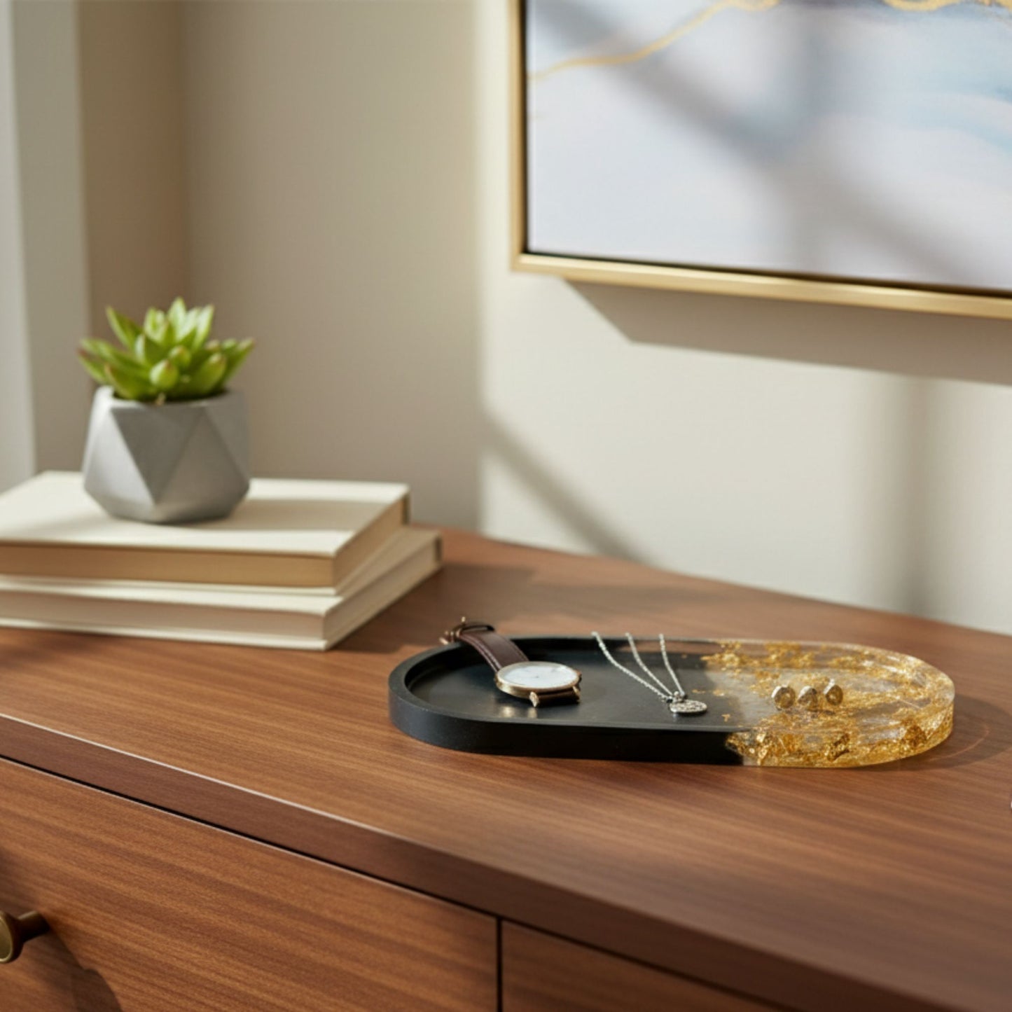 Vide-poche résine noir feuilles or doré - Plateau ovale 18cm luxe élégant - Accessoire artisanal unique fait main