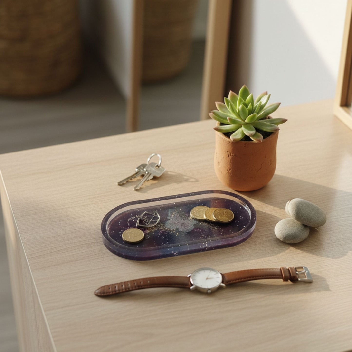 Vide-Poche Ovale en Résine Époxy – Décoration Papillon Gris Galaxie