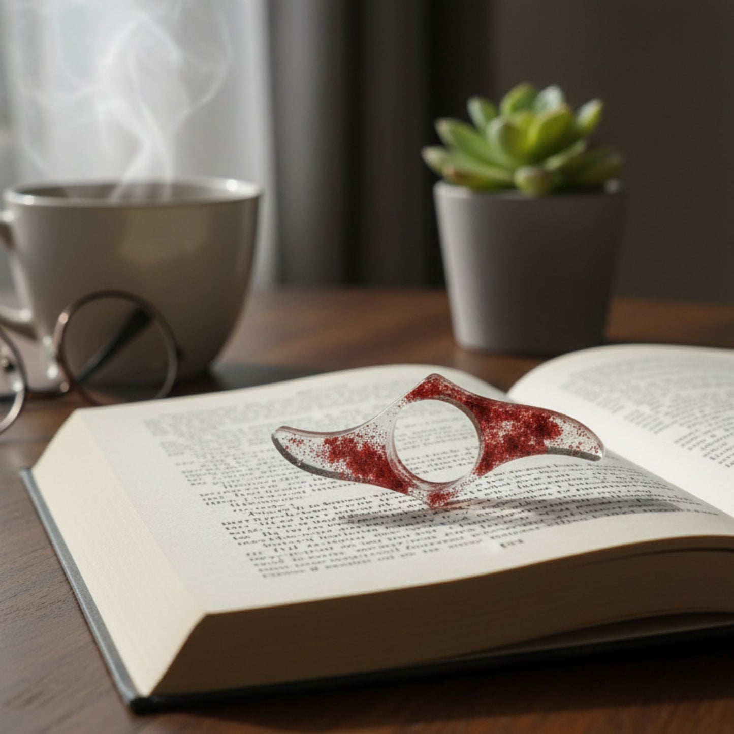 Bague de Lecture Ailée Rouge Pailleté - Résine Artisanale Fait Main