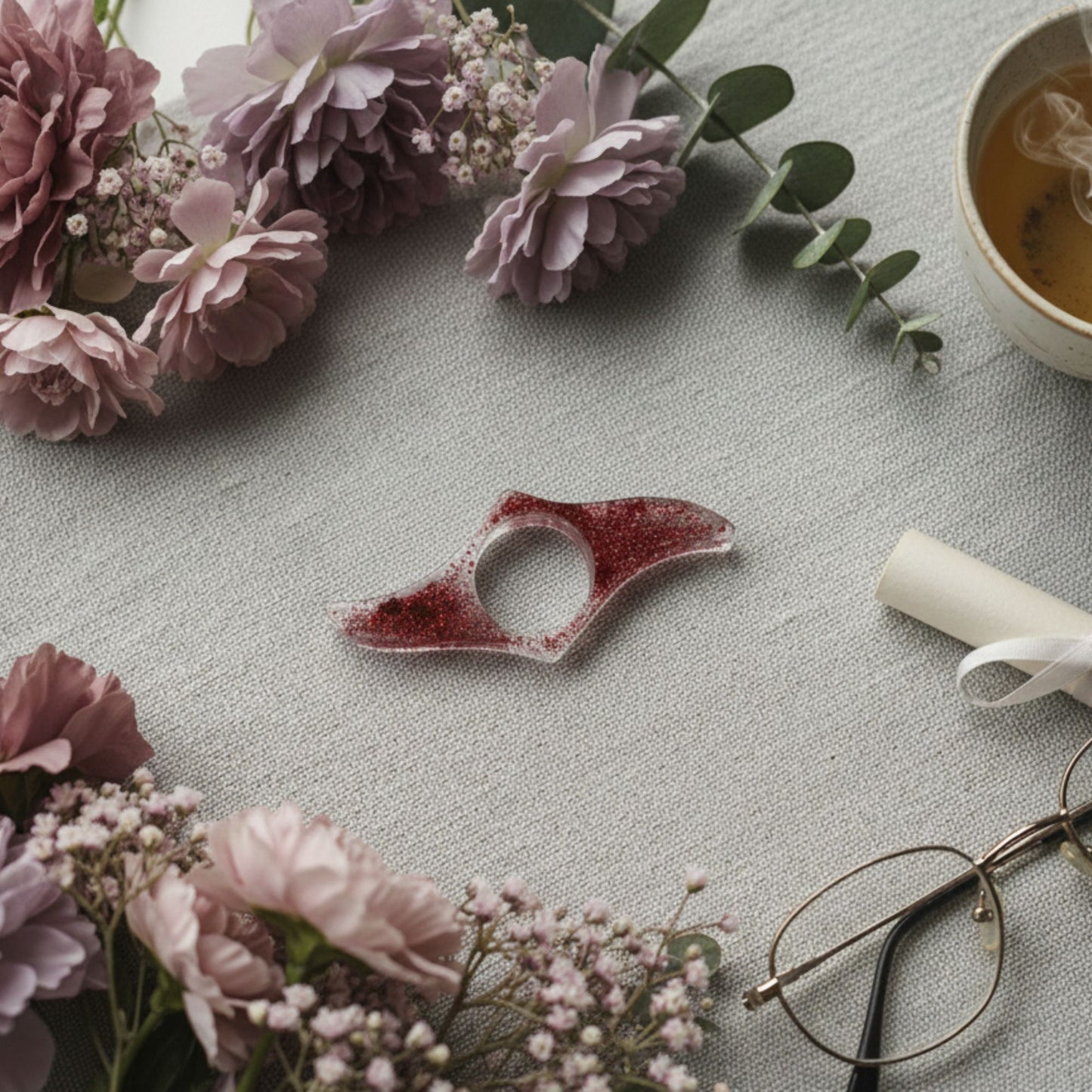 Bague de Lecture Ailée Rouge Pailleté - Résine Artisanale Fait Main