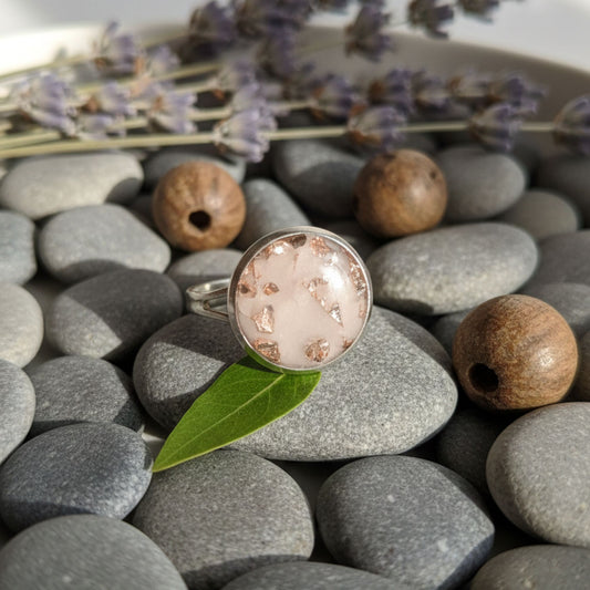 Bague Résine Nacrée et Cristaux Rose Gold- Cabochon 1,5 cm