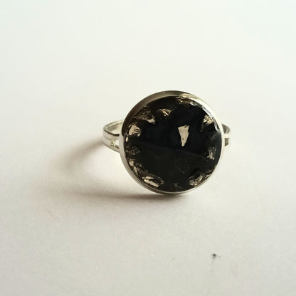 Bague Réglable Acier Inoxydable Résine Noire & Cristaux Argentés - Cabochon 1,5 cm