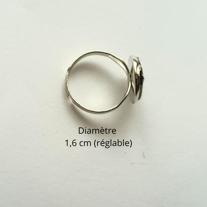 Bague Réglable Acier Inoxydable Résine Noire & Cristaux Argentés - Cabochon 1,5 cm