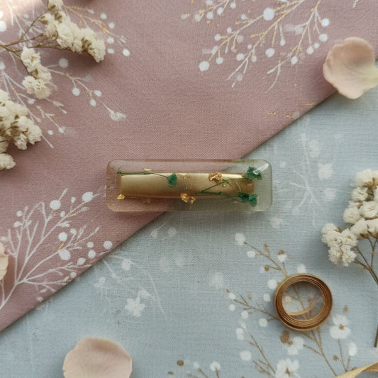 Barrette Cheveux Résine Rectangulaire Ambre - Inclusions Feuille dorées et Végétales - Minimaliste