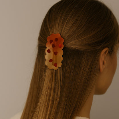 Barrette cheveux résine dégradé orange rouge cœurs - Accessoire romantique 6cm - Bijou artisanal unique fait main