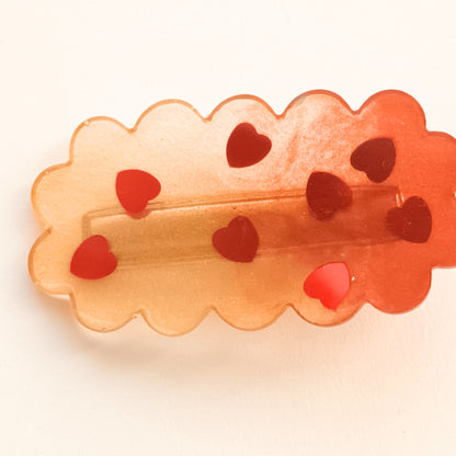 Barrette cheveux résine dégradé orange rouge cœurs - Accessoire romantique 6cm - Bijou artisanal unique fait main