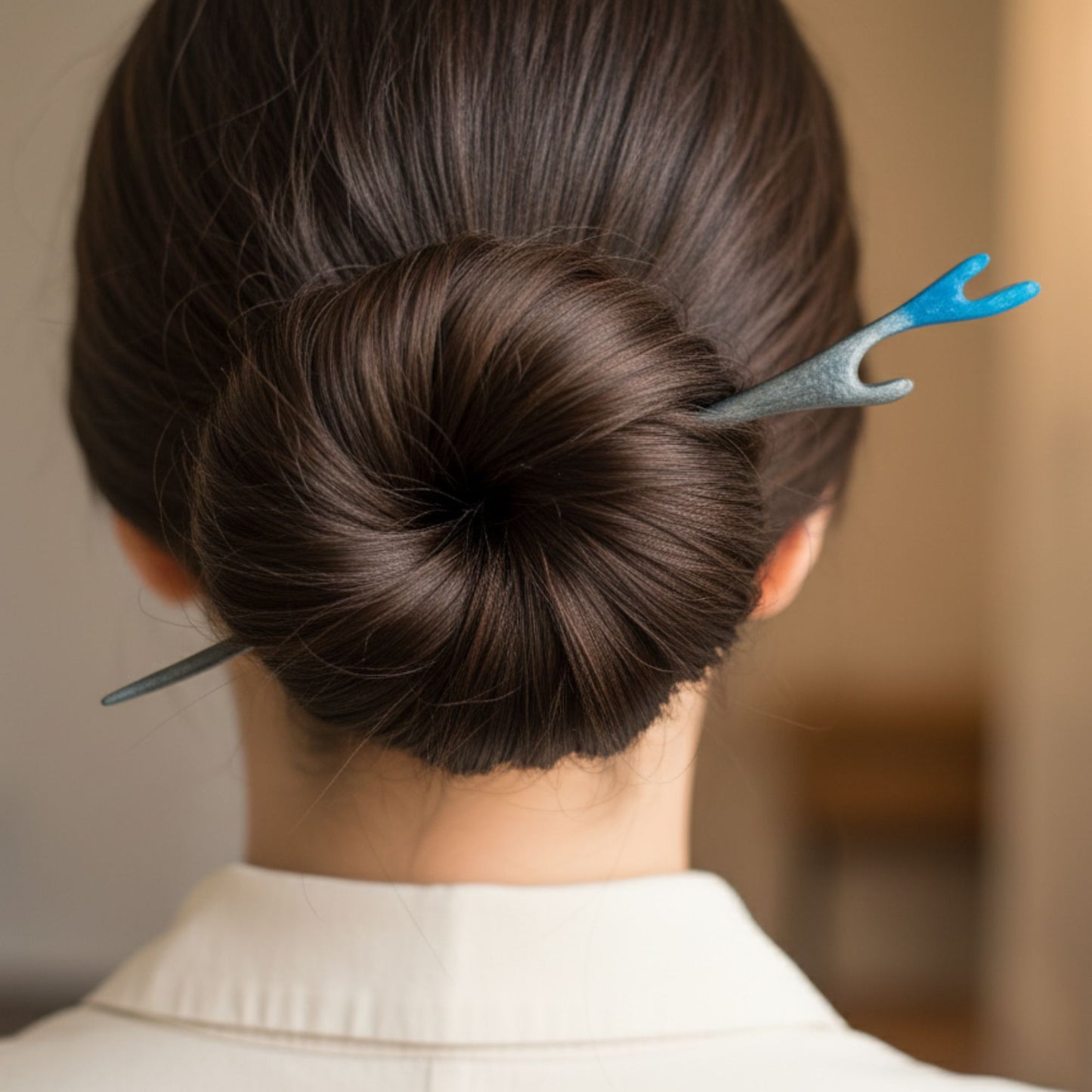 Bâton cheveux résine dégradé gris bleu fourche - Pic coiffure 17cm minimaliste - Accessoire artisanal unique fait main