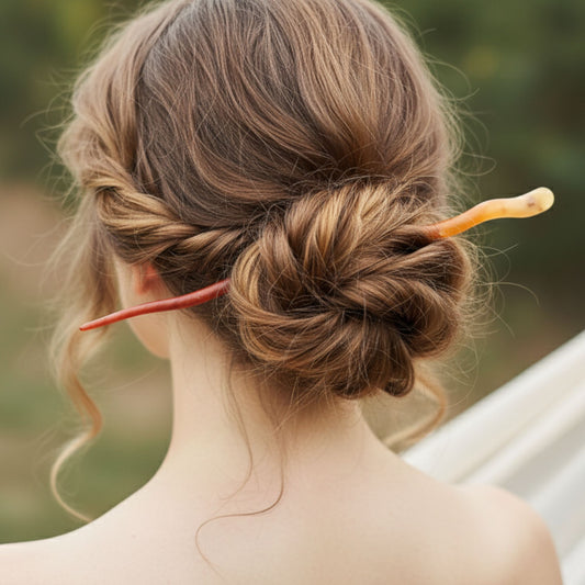 Bâton cheveux résine dégradé rouge orange doré flamme - Pic coiffure 17cm chaleureux - Accessoire artisanal unique fait main