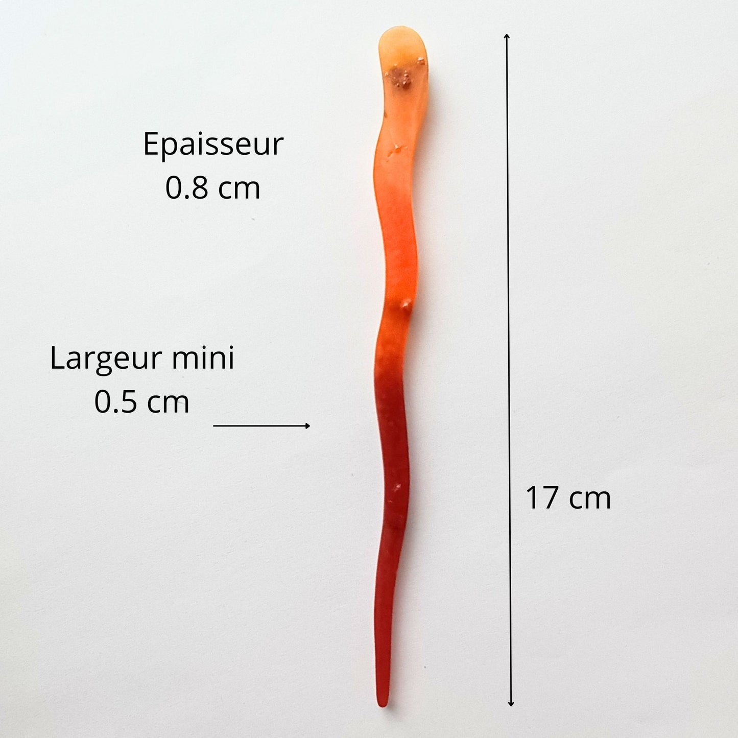 Bâton cheveux résine dégradé rouge orange doré flamme - Pic coiffure 17cm chaleureux - Accessoire artisanal unique fait main