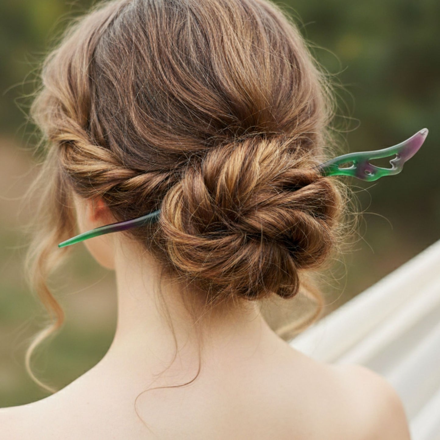 Bâton cheveux résine multicolore vert rose fleur sculpted - Pic coiffure 17cm festif - Accessoire artisanal unique fait main