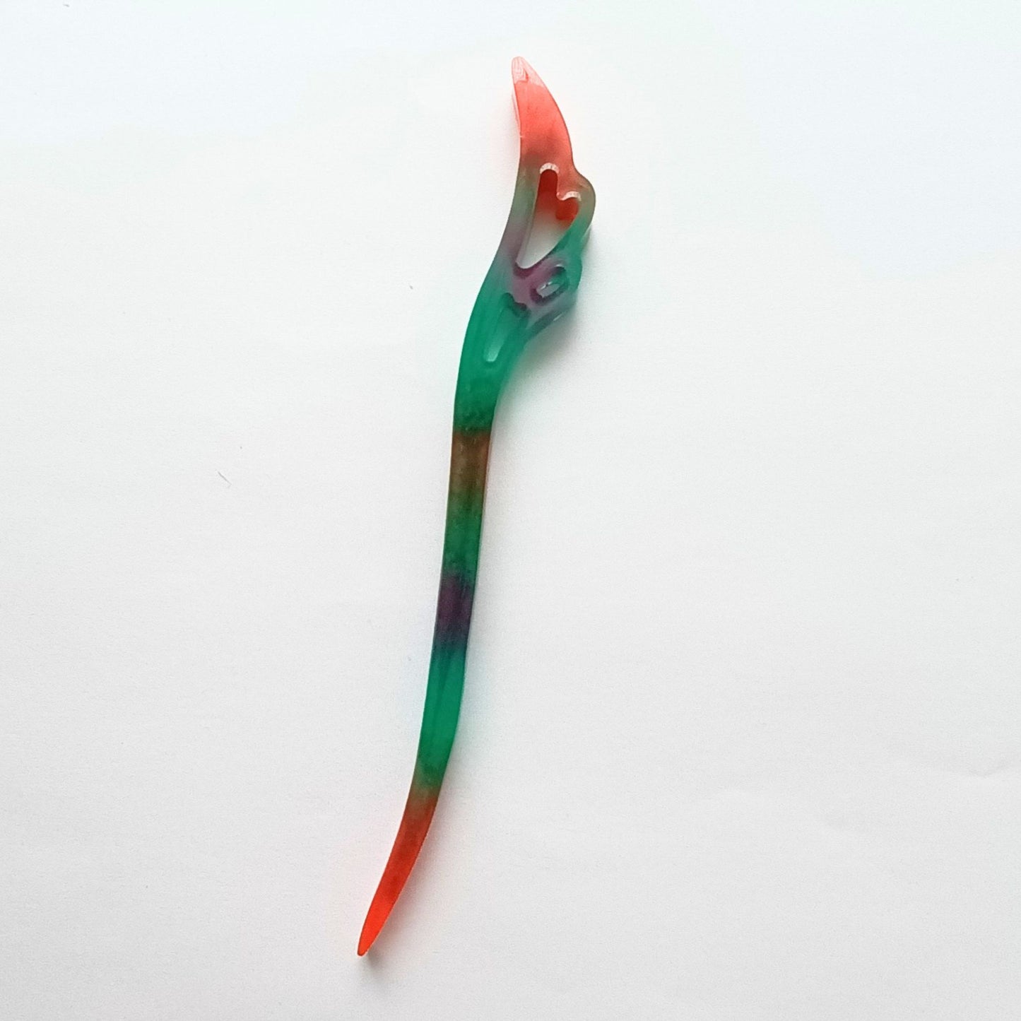 Bâton cheveux résine multicolore vert rose fleur sculpted - Pic coiffure 17cm festif - Accessoire artisanal unique fait main