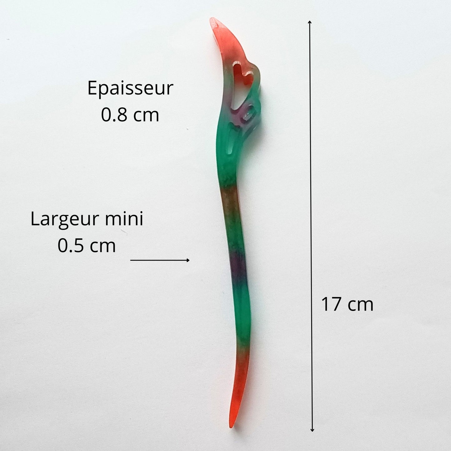 Bâton cheveux résine multicolore vert rose fleur sculpted - Pic coiffure 17cm festif - Accessoire artisanal unique fait main