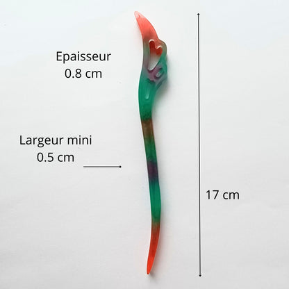 Bâton cheveux résine multicolore vert rose fleur sculpted - Pic coiffure 17cm festif - Accessoire artisanal unique fait main