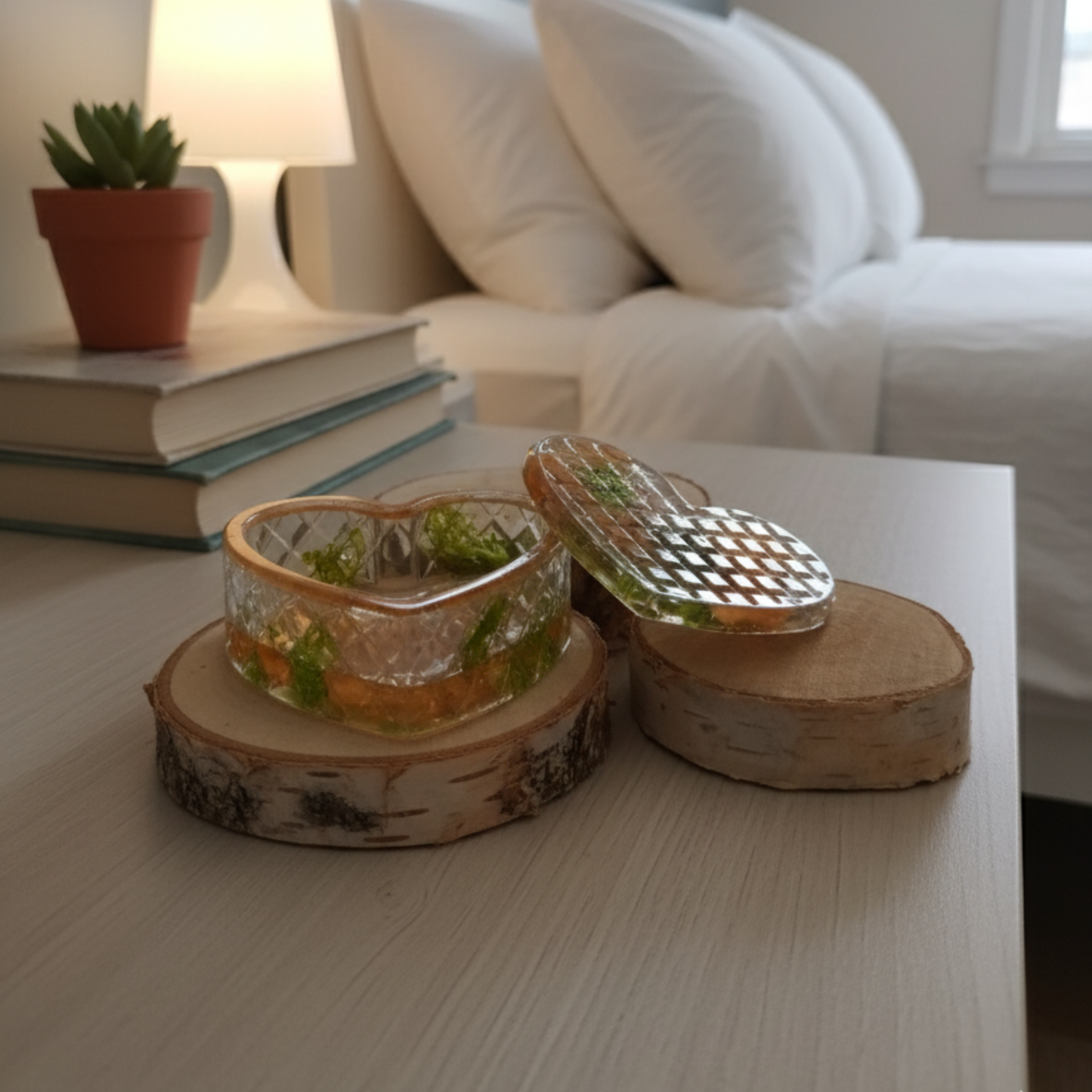 Boîte à bijoux résine orange fleurs séchées - Cœur transparent botanique avec couvercle - Rangement artisanal unique fait main