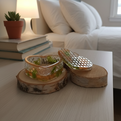 Boîte à bijoux résine orange fleurs séchées - Cœur transparent botanique avec couvercle - Rangement artisanal unique fait main