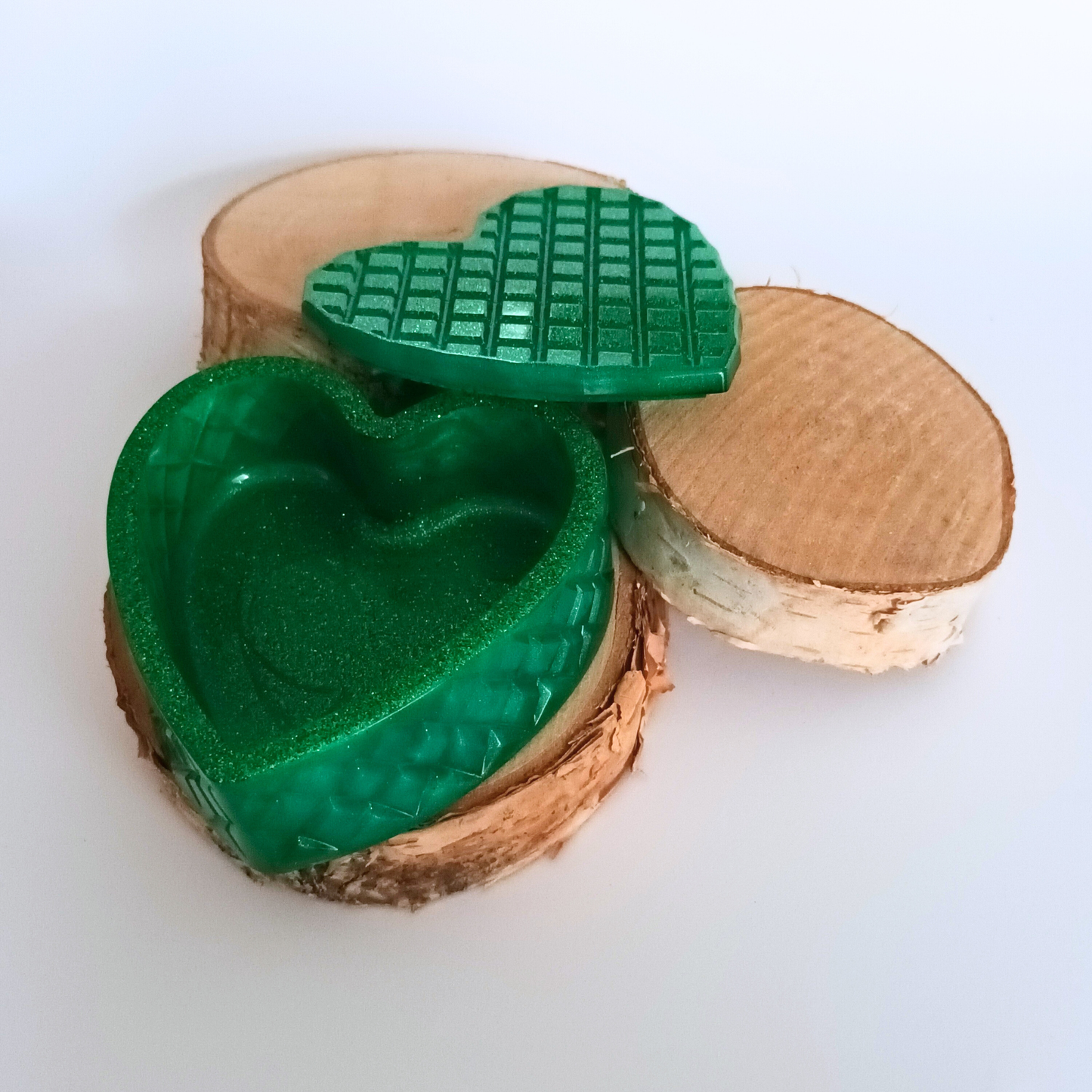 Boîte à bijoux résine émeraude pailleté - Cœur avec couvercle - Rangement artisanal unique fait main