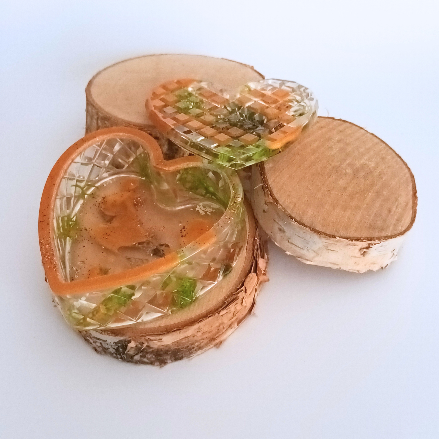 Boîte à bijoux résine orange fleurs séchées - Cœur transparent botanique avec couvercle - Rangement artisanal unique fait main