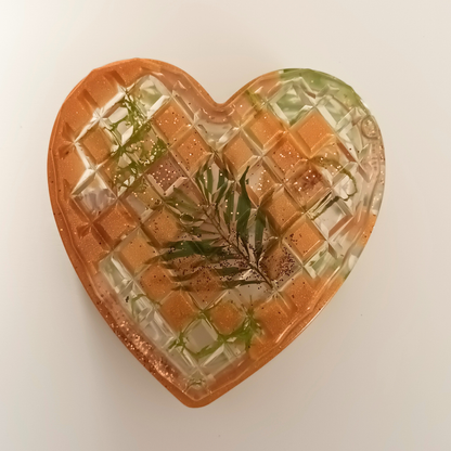 Boîte à bijoux résine orange fleurs séchées - Cœur transparent botanique avec couvercle - Rangement artisanal unique fait main