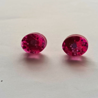 Boucles d'Oreilles Puces Rondes Rose Fushia Pailleté - Bijou Résine