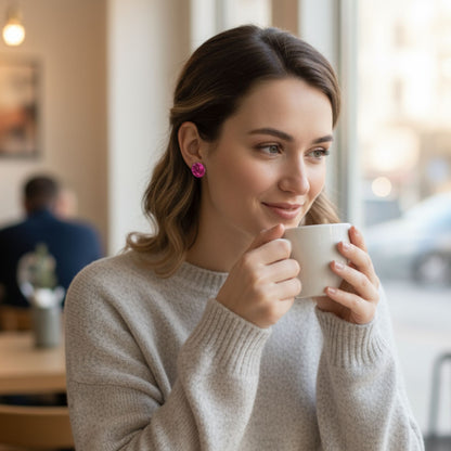 Boucles d'Oreilles Puces Rondes Rose Fushia Pailleté - Bijou Résine