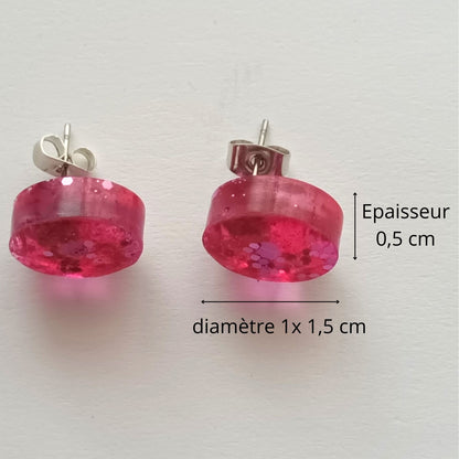 Boucles d'Oreilles Puces Rondes Rose Fushia Pailleté - Bijou Résine