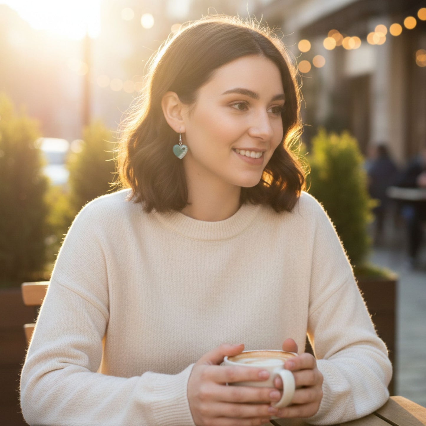 Boucles d'Oreilles Puces Cœur en Résine "Jardin d'Été" - Vert Tendre et Éclats Argentés