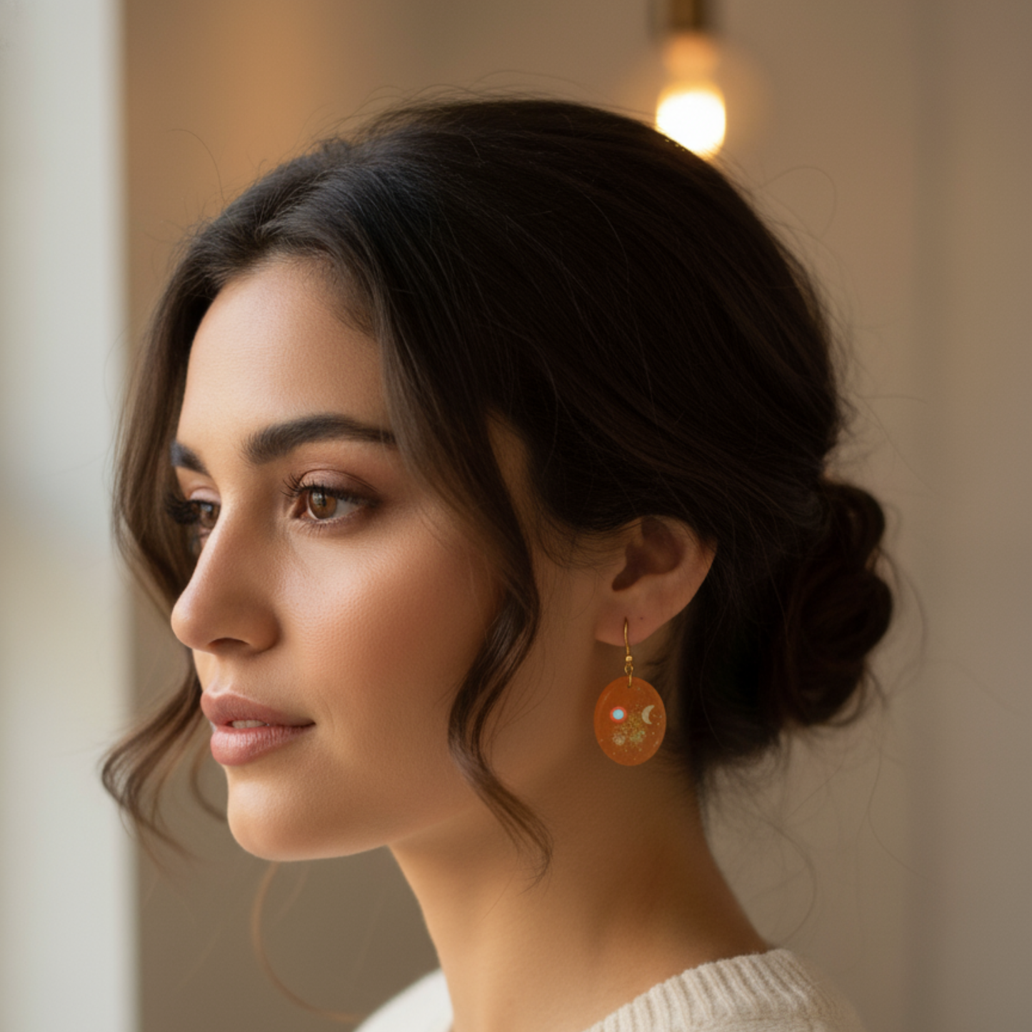 Boucles d'oreilles résine orange pailleté doré lune hexagones - Ovales cosmiques ultra-légères - Bijou artisanal unique fait main