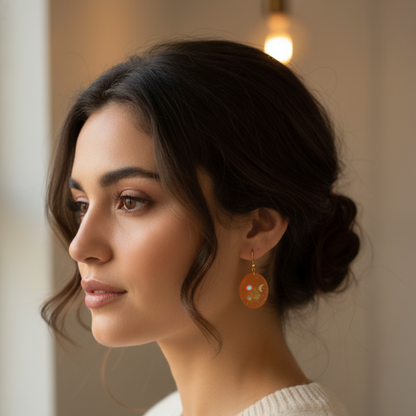 Boucles d'oreilles résine orange pailleté doré lune hexagones - Ovales cosmiques ultra-légères - Bijou artisanal unique fait main