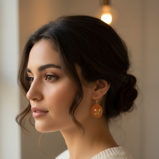 Boucles d'oreilles résine orange pailleté doré lune hexagones - Ovales cosmiques ultra-légères - Bijou artisanal unique fait main