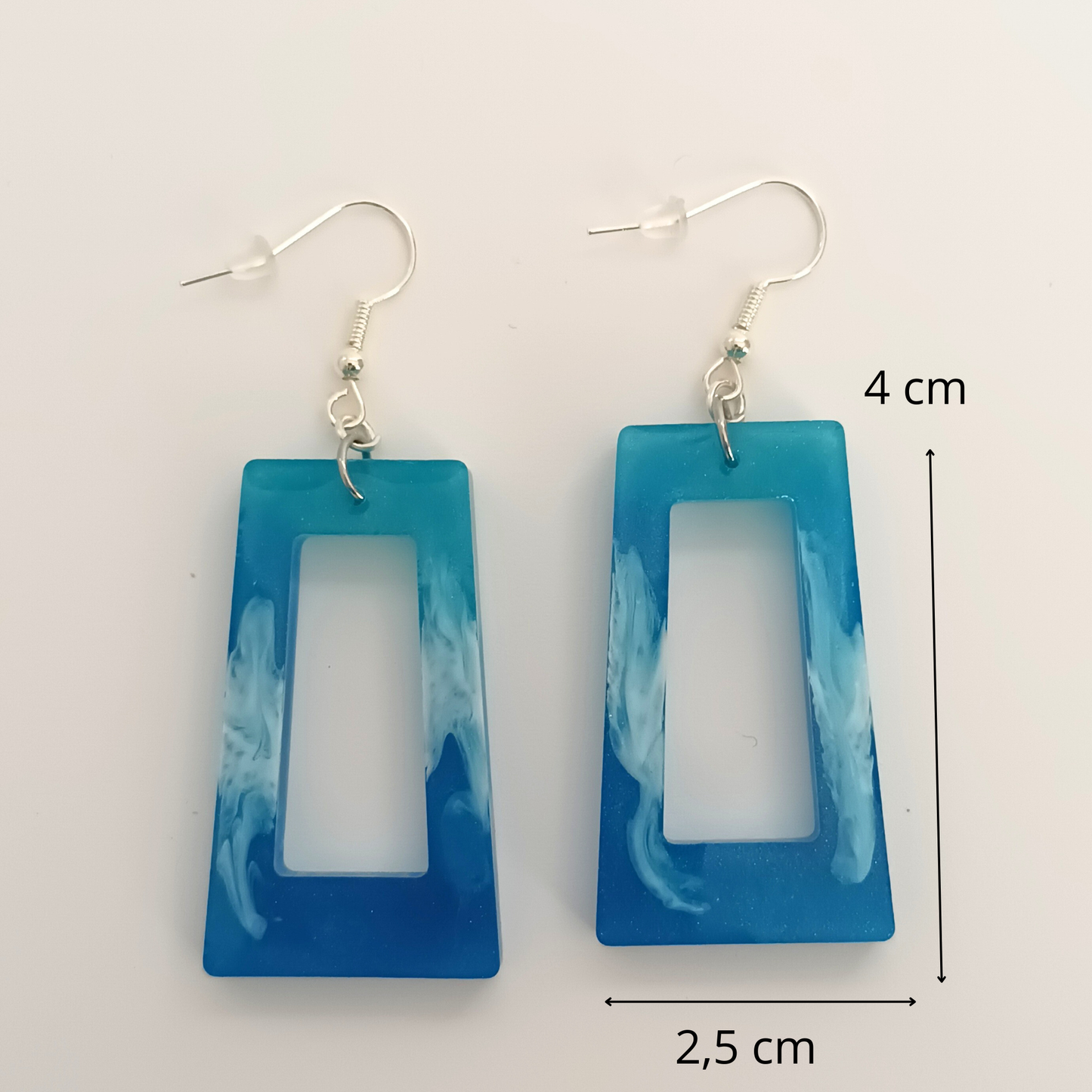 Boucles d'oreilles résine bleu turquoise blanc marbré - Rectangles effet océan ultra-légers - Bijou artisanal unique fait main