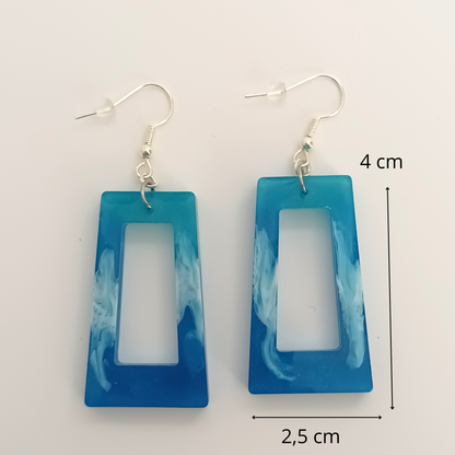 Boucles d'oreilles résine bleu turquoise blanc marbré - Rectangles effet océan ultra-légers - Bijou artisanal unique fait main