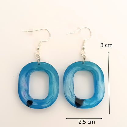 Boucles d'oreilles résine bleu turquoise marbré - Ovales arrondis effet aquarelle ultra-légers - Bijou artisanal unique fait main