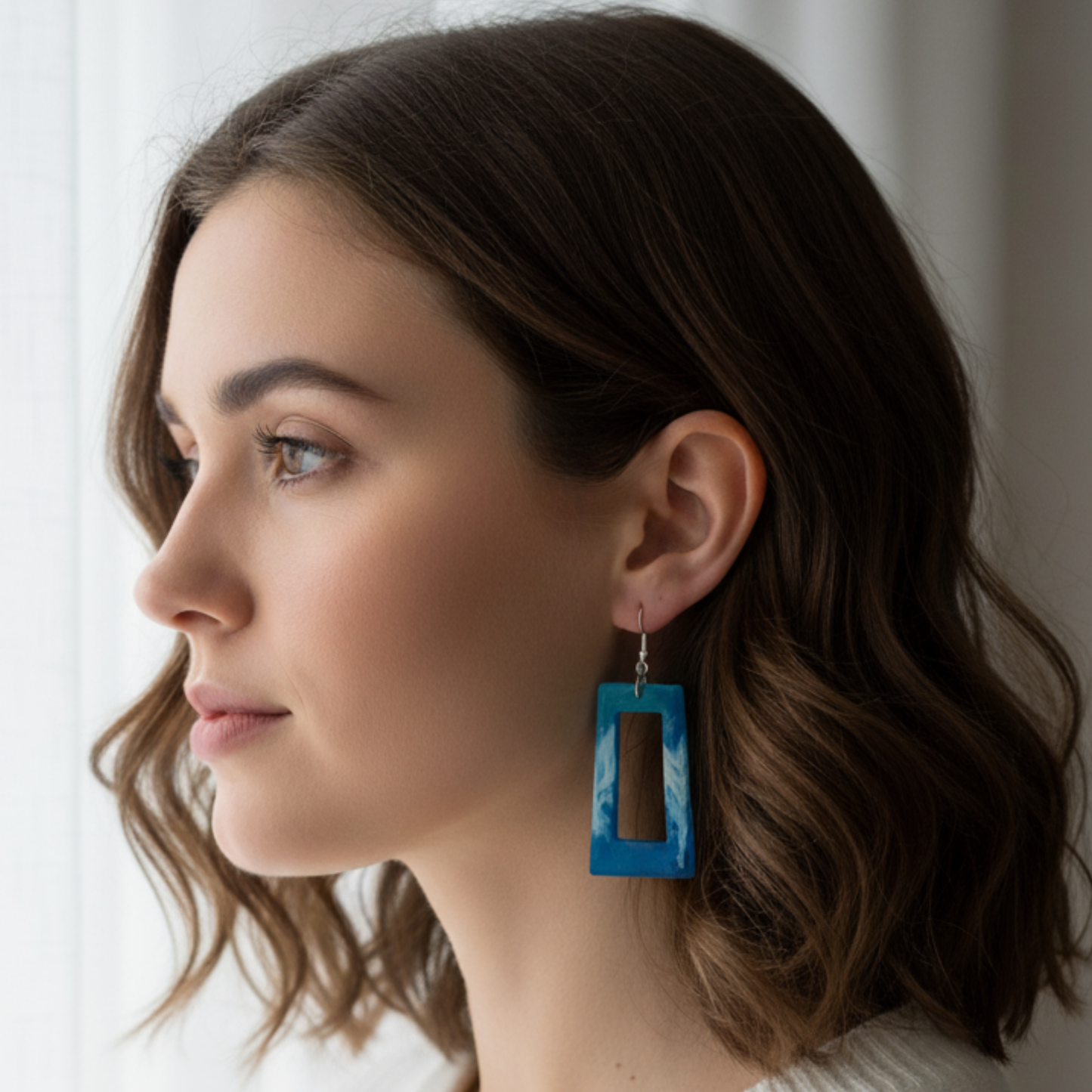 Boucles d'oreilles résine bleu turquoise blanc marbré - Rectangles effet océan ultra-légers - Bijou artisanal unique fait main