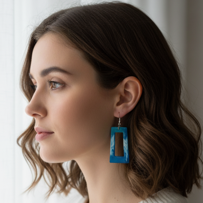 Boucles d'oreilles résine bleu turquoise blanc marbré - Rectangles effet océan ultra-légers - Bijou artisanal unique fait main