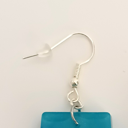 Boucles d'oreilles résine bleu turquoise blanc marbré - Rectangles effet océan ultra-légers - Bijou artisanal unique fait main