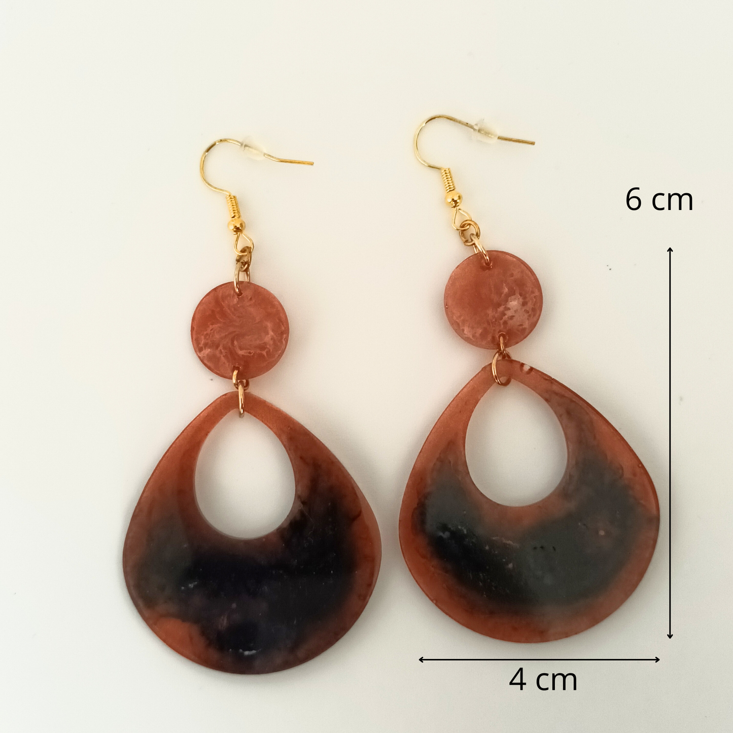 Boucles d'oreilles résine terracotta brun marbré - Gouttes double niveau ultra-légères - Bijou artisanal unique fait main
