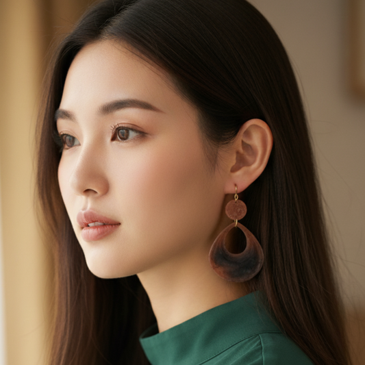 Boucles d'oreilles résine terracotta brun marbré - Gouttes double niveau ultra-légères - Bijou artisanal unique fait main