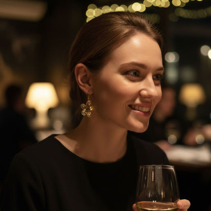 Boucles d'Oreilles Fleur 5 Pétales Résine Transparente & Feuilles dorées