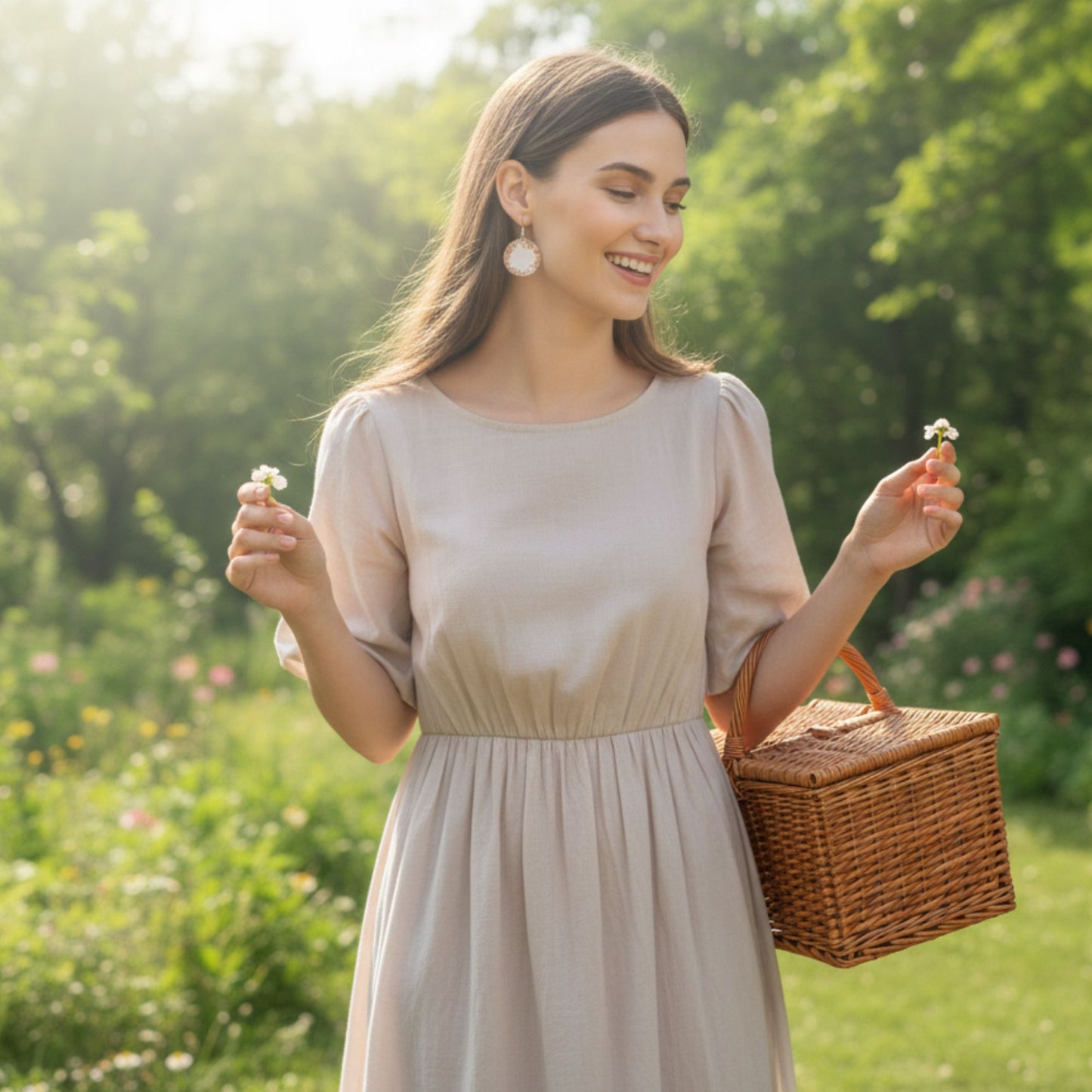 Boucles d'Oreilles Pendante Résine 3 cm – Cristaux Rose Gold & Mica Blanc Nacré – Acier Anti-oxydable