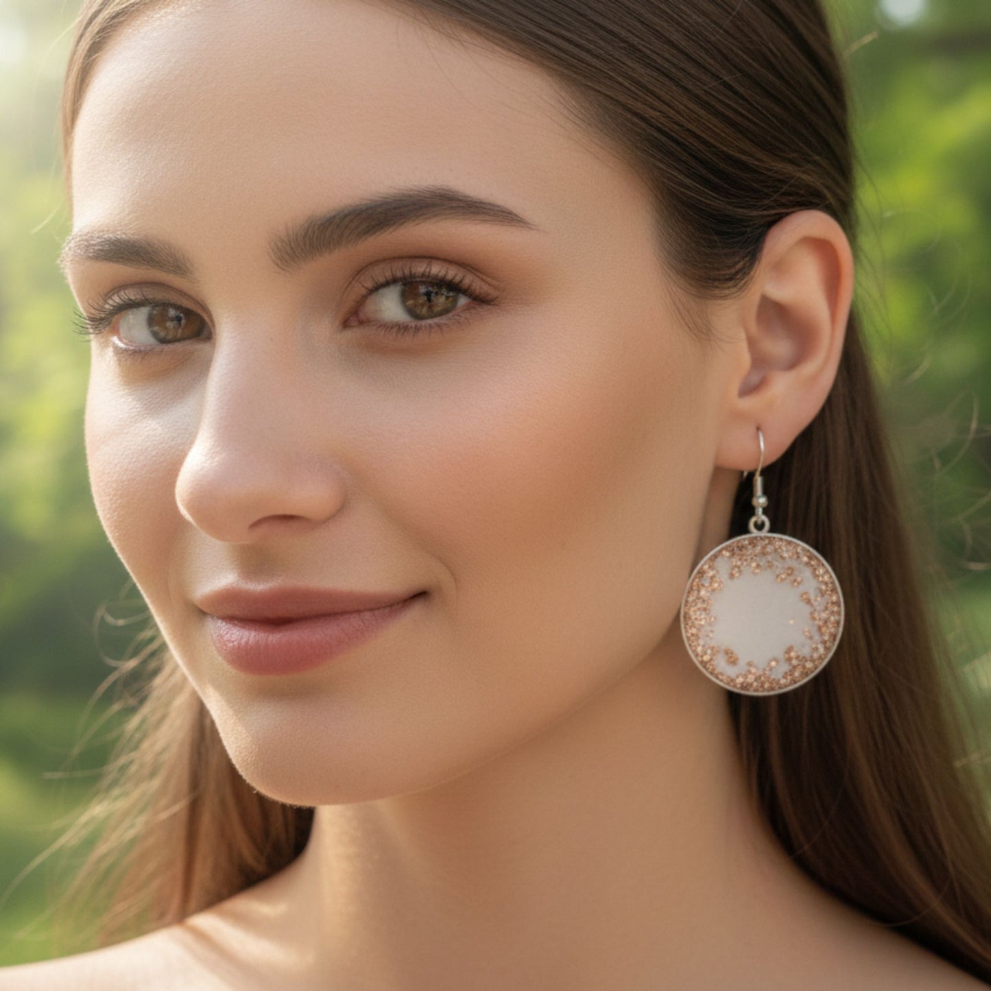 Boucles d'Oreilles Pendante Résine 3 cm – Cristaux Rose Gold & Mica Blanc Nacré – Acier Anti-oxydable